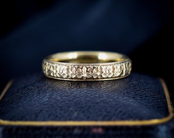 Vintage 18ct oro floral elegante patrón anillo de boda / fechado en 1987