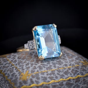 Blue Topaz and Diamond Gold Statement Cocktail Ring | Art Deco Style