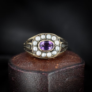 Vintage amatista y perla racimo halo 9ct anillo de oro estilo georgiano
