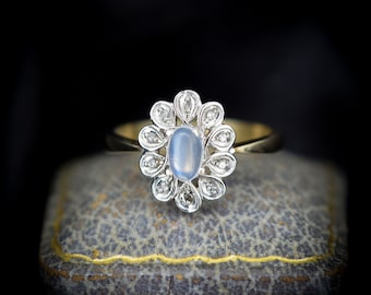 Vintage Moonstone Diamond Oval Halo Gold Cluster Ring