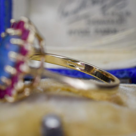 Opal Triplet and Ruby Halo Cluster 9ct Yellow Gol… - image 9