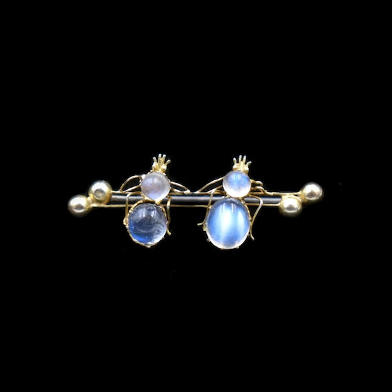 Antique Moonstone Double Bug Insect Gold Brooch Pi