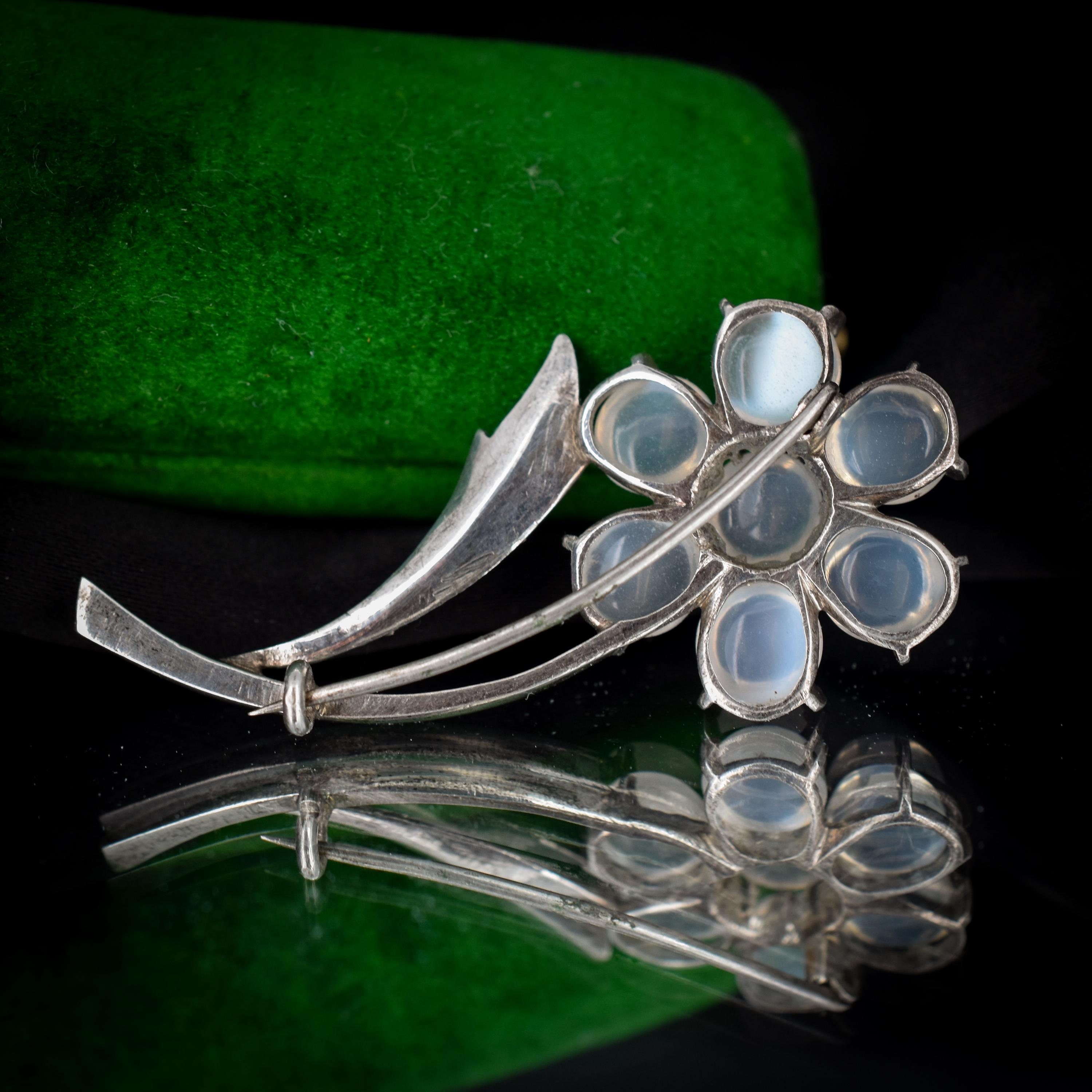 ヴィンテージ ムーンストーン フラワー スプレー シルバー ブローチ