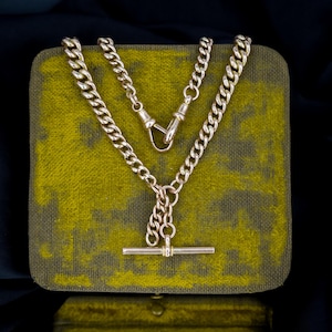 Antique 9ct Gold Graduated Curb Link Double Albert Watch Chain Necklace with T-bar - 13.75&quot;