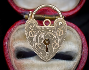 Vintage 9ct Yellow Gold Engraved Heart Padlock Charm Pendant