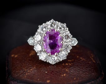 Pink Sapphire and Diamond Oval Cluster Halo Platinum Ring