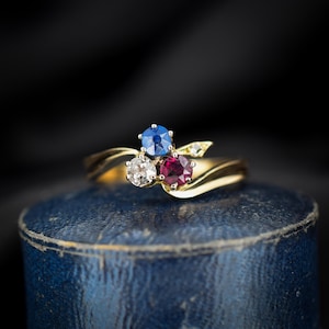 Antique Victorian Ruby Sapphire and Diamond Trefoil Clover 18ct Gold Ring | Chester 1900
