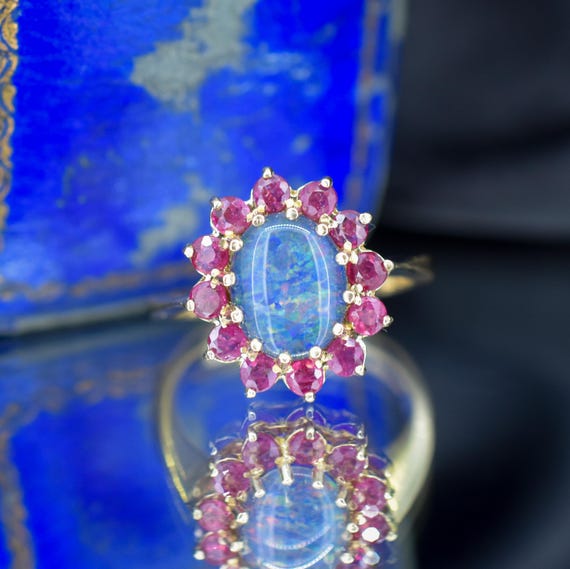 Opal Triplet and Ruby Halo Cluster 9ct Yellow Gol… - image 6