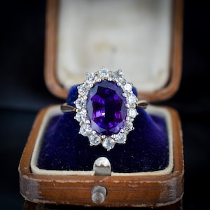 Vintage 2.65ct Amethyst and Diamond Halo Oval Cluster 18ct Gold Ring