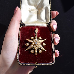 Antique 15ct Gold Victorian Pearl and Diamond Star Brooch and Pendant | Boxed