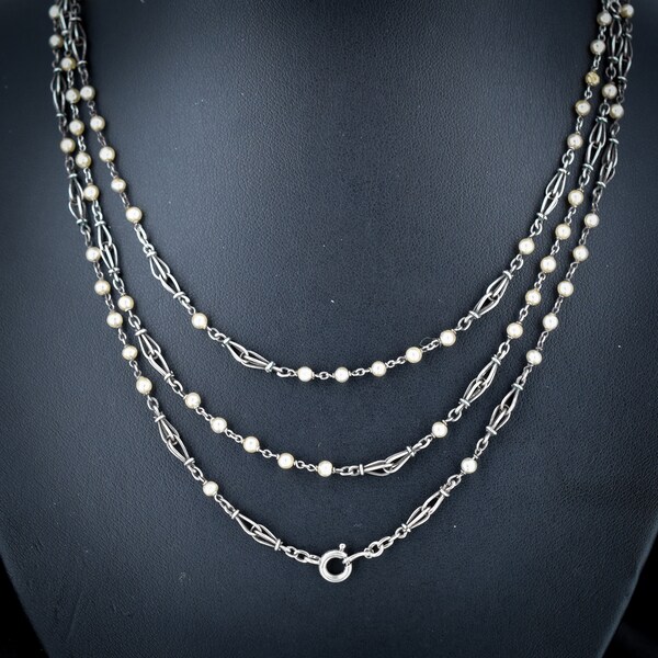 Art Deco Pearl Long Guard Muff Chain Silver Sautoir Necklace | 51"