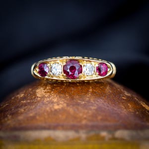 Antique Ruby and Diamond 18ct Yellow Gold Boat Ring