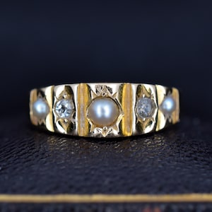 Antique Victorian Five Stone Pearl and Diamond 18ct Yellow Gold Ring | Chester 1881