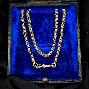 Collar victoriano antiguo de cadena de eslabones facetados de oro de 9 quilates con clip para perro / 48 cm