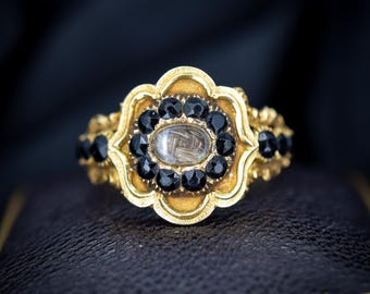 Antik '1828' georgiansk 18k guld Jet hår sorgring