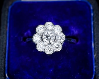 1.0ct Diamond Daisy Cluster Halo Platinum Ring | Antique Style