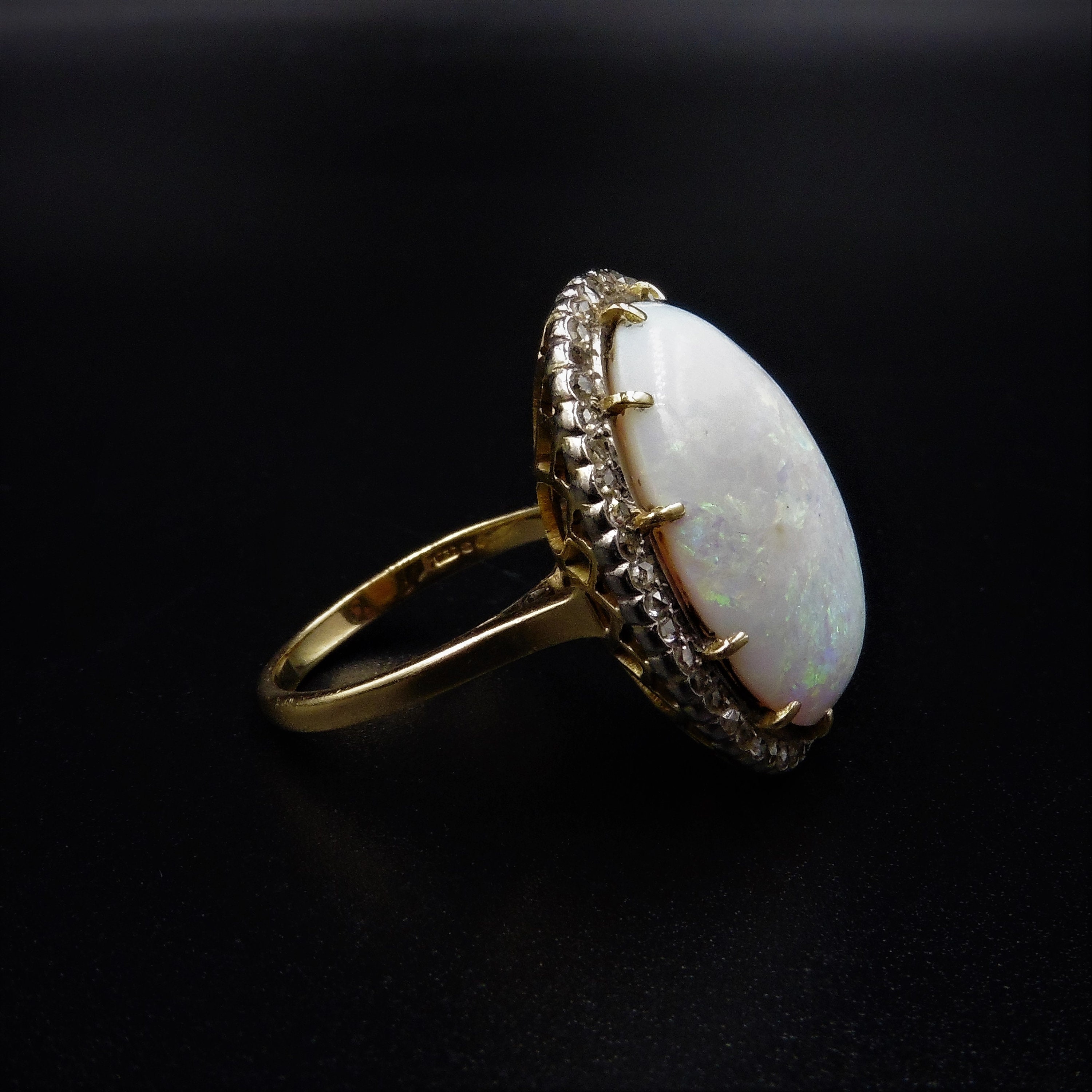 Vintage Large Oval Opal and Rose Cut Diamond Halo 18ct 18K Yellow Gold ...