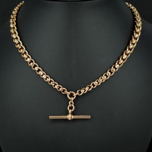 Antique &#39;1912&#39; Rollerball 9ct Rose Gold Albert Chain with T-Bar and Double Dog Clips | 15.5&quot;