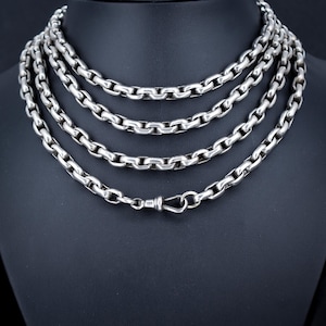 Antique Heavy Silver Long Guard Muff Chain Necklace with Dog Clip | 59&quot; Length