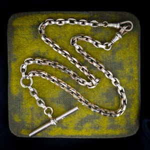 Antique 9ct Gold Oval Link Albert Chain Necklace with Dog Clips and T-bar 14.75&quot; length