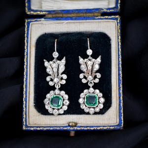 Antique Green Paste Silver Drop Dangle Earrings - Victorian