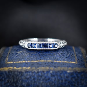 Art Deco Style Blue Sapphire Platinum Stacking Engraved Band Ring