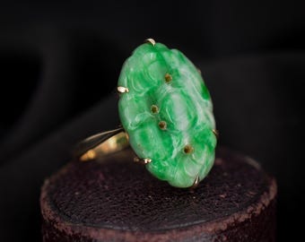 Art Deco Carved Jade 9ct Gold Panel Ring | Antique Vintage
