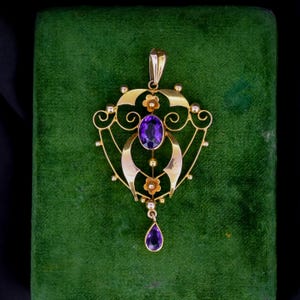 Antique Edwardian Amethyst Lavalier 9ct Yellow Gold Pendant