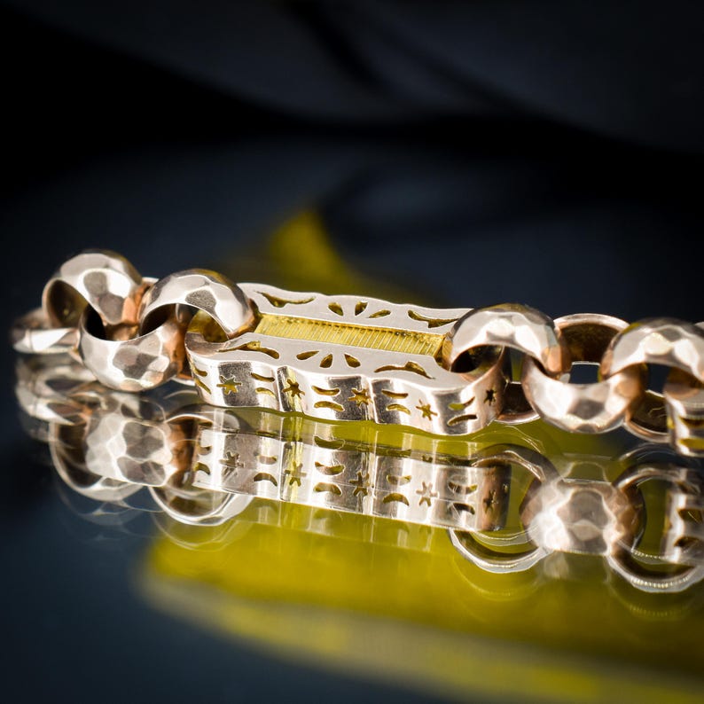 Antique Fancy Link Stars and Bars 9ct Gold Chain Bracelet | 8" image 9