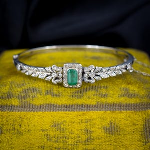 Antique Emerald Paste Silver Bow Bangle Bracelet | Edwardian