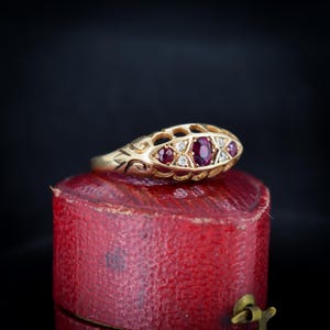 Antique Edwardian Ruby and Diamond 18ct Yellow Gold Boat Ring
