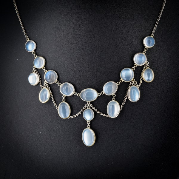 Antique Moonstone Sterling Silver Drop Fringe Festoon Necklace | Edwardian