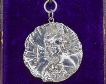 Antique Art Nouveau Portrait Sterling Silver Pendant - Dated 1900