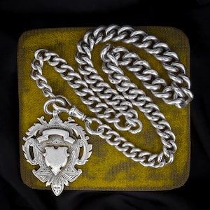 Antique 95g Sterling Silver Albert Watch Chain Necklace with Medal and Dog Clip – 16&quot;