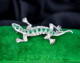 Broche antiguo de lagarto de plata con pasta verde / Victoriano
