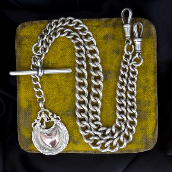 Antique Sterling Silver Curb Link Albert Watch Chain Necklace With