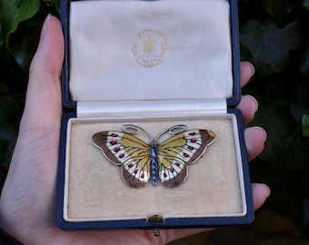 Boxed Vintage Norwegian Enamel Sterling Silver Butterfly Insect Brooch Pin