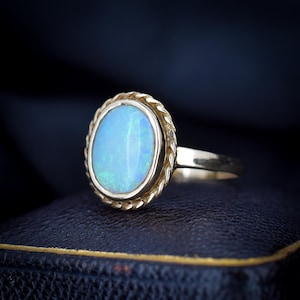 Vintage Natural Opal Oval Bezel Solitaire 9ct Yellow Gold Ring