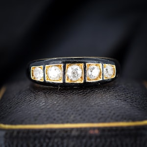 Antique Black Enamel Diamond Five Stone 18ct Yellow Gold Mourning Ring