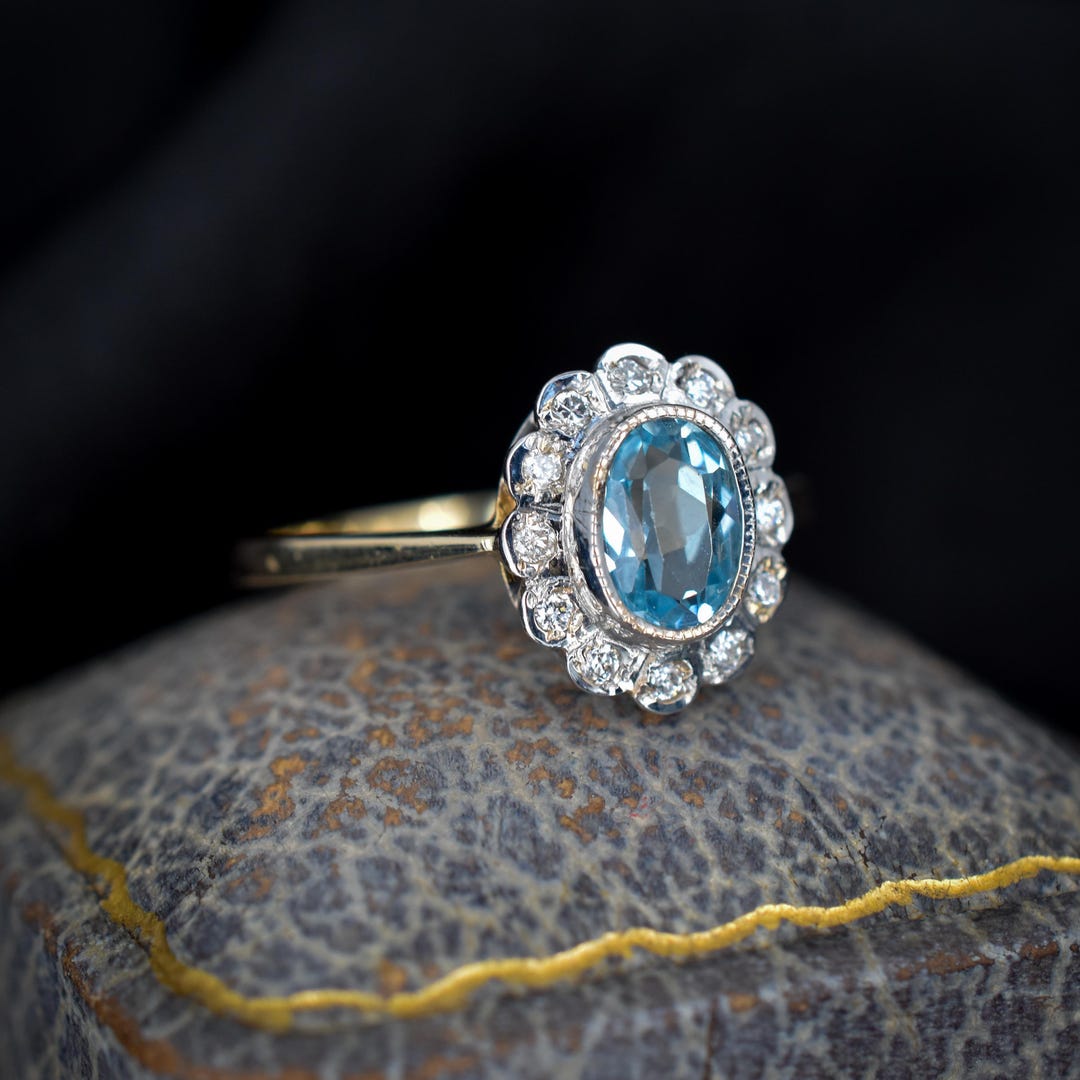 Blue Topaz and Diamond Oval Halo Cluster 9ct Yellow Gold Ring - Etsy ...