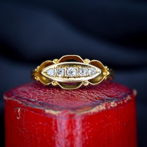 Antique Old Cut Diamond Five Stone 18ct Yellow Gold Boat Ring | Dated 1912