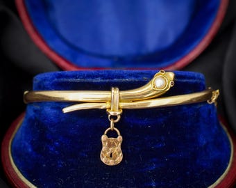 Antique Boxed 15ct Gold Pearl Snake Serpent Bangle Bracelet