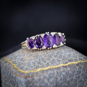 Amethyst and Diamond Five Stone 9ct Yellow Gold Scroll Ring Band | Antique Style