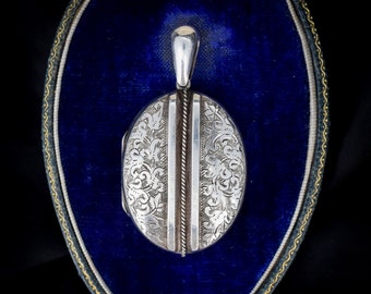 Antike Sterling Silber Oval Efeu gravierte Foto Locket Anhänger | Viktorianisch