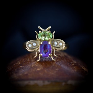 Amethyst Peridot and Pearl Insect Bee 18ct Yellow Gold on Silver Ring | Suffragette Colours