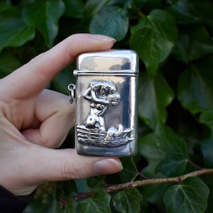 Vintage Mermaid Repousse Sterling Silver Vesta Match Case
