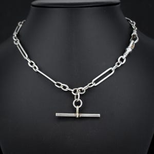 Antique Sterling Silver Trombone Watch Chain with Dog Clips and T Bar | 15.25&quot;