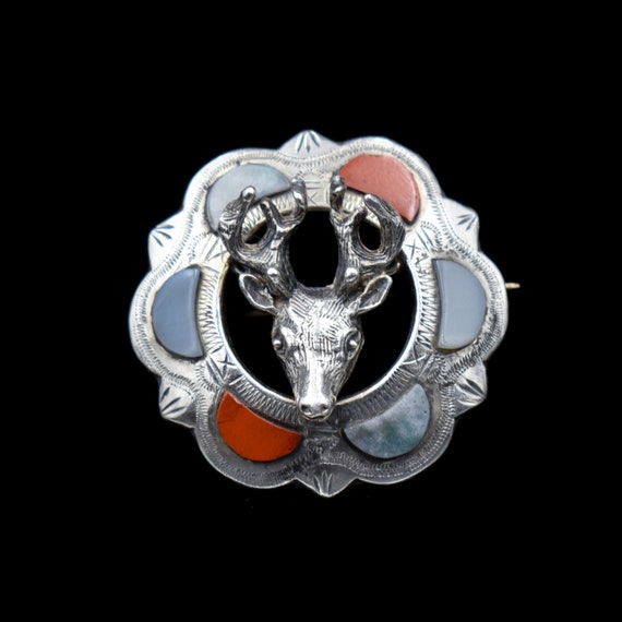 Antique Scottish Agate Stag Sterling Silver Brooch