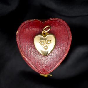 Antique Victorian Pearl Ivy Heart 15ct Gold Charm Pendant - Birmingham 1896