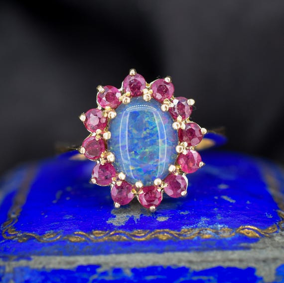 Opal Triplet and Ruby Halo Cluster 9ct Yellow Gol… - image 1